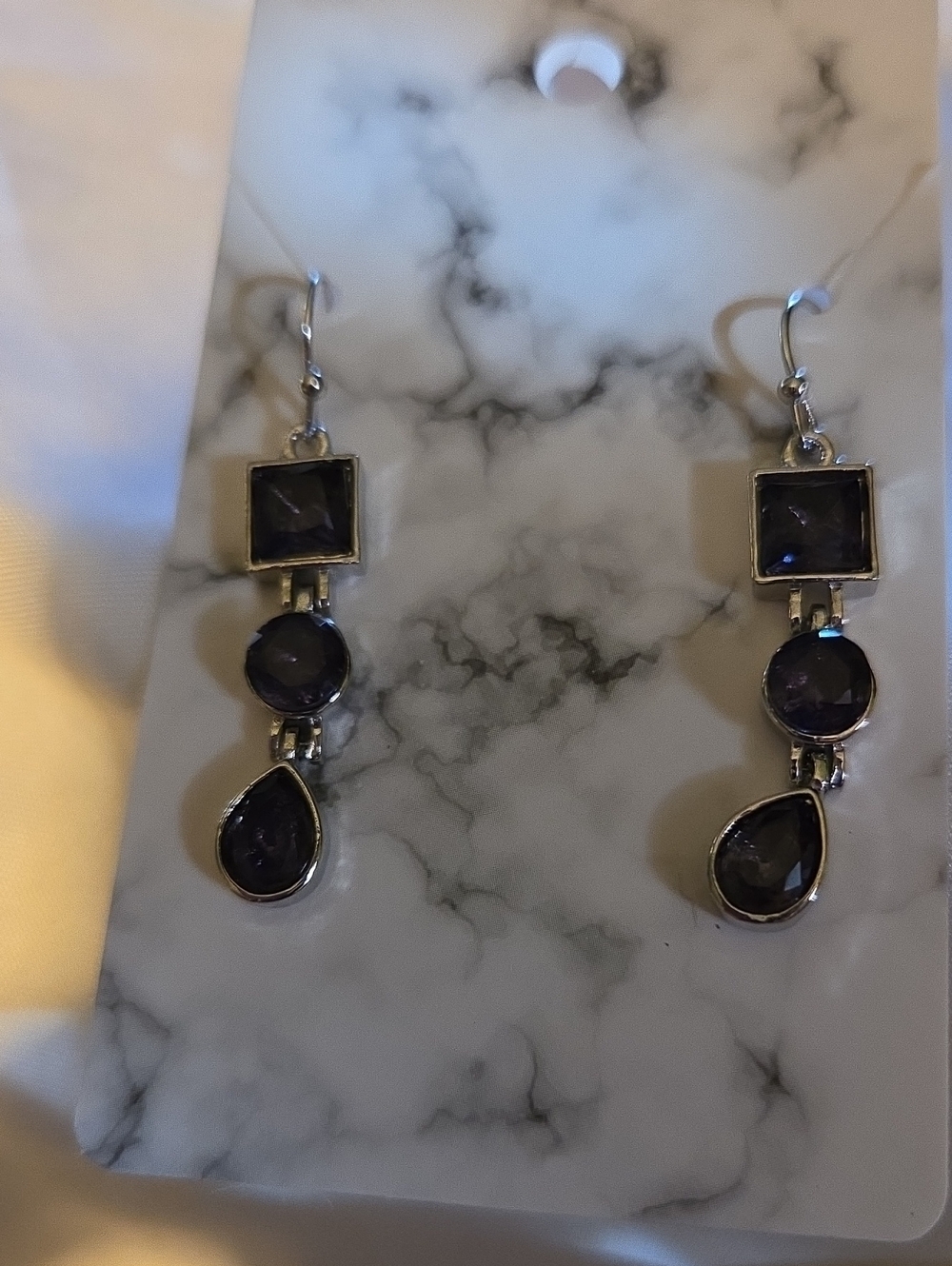 Silver-Tone Purple Dangle Earrings - Three-Stone Drop Design